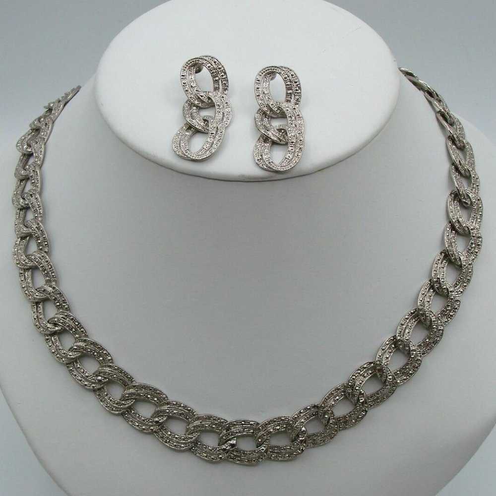 Womens Silver Tone Cuban Link Necklace & Earring Jewelry Set Cut Sparkle Style